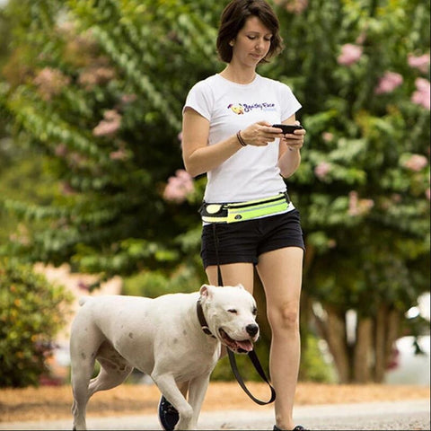 Image of Hands Free Dog Leash Pet Walking And Training Belt With Shock Absorbing Bungee Leash For Up To 180lbs Large Dogs Phone Pocket And Water Bottle Holder