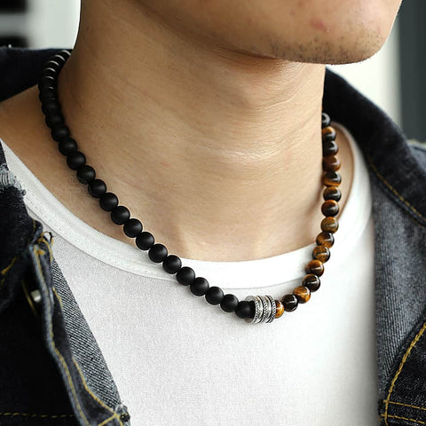 Image of Natural Red Tiger Eyes Map Stone Necklace For Men Unisex Stainless Steel Matte Black Bead Necklace Male Jewelry Gift TNB001A