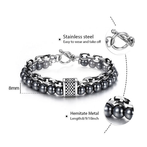 Image of Trendsmax Natural Map Stone Men's Beaded Bracelet for women Stainless Steel Bracelets Male Jewelry Tiger eye 8 9 10 inch DB33