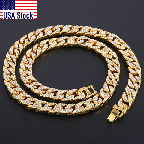 Image of Hiphop 14mm Iced Out Paved Rhinestones Necklack Yellow Gold Filled Miami Curb Cuban Chain CZ Rapper For Men Jewelry GN432