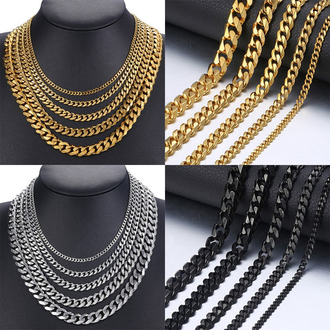 Image of Size 3-9mm Men's Necklace Stainless Steel Cuban Link Chain Gold Black Silver Color Male Jewelry Gifts for Men KNM07