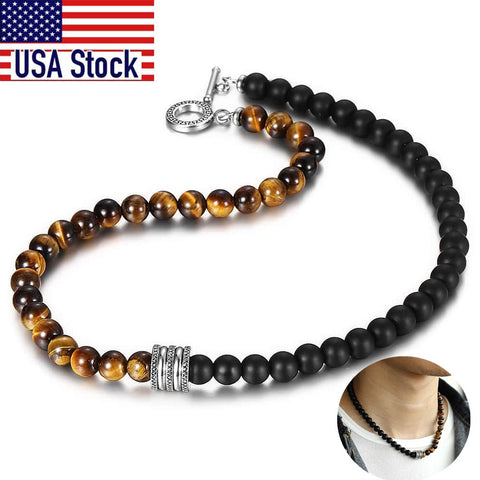 Image of Natural Red Tiger Eyes Map Stone Necklace For Men Unisex Stainless Steel Matte Black Bead Necklace Male Jewelry Gift TNB001A