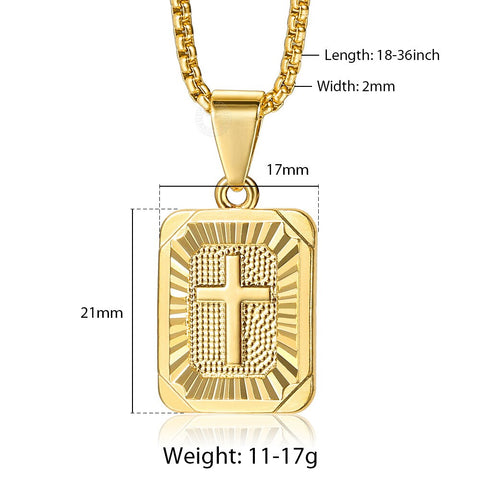 Image of New Square Christian Cross Pendant Necklace Gold Color Jesus Christ Crucifix Charm Stainless Steel Box Chain for Men Women GP422