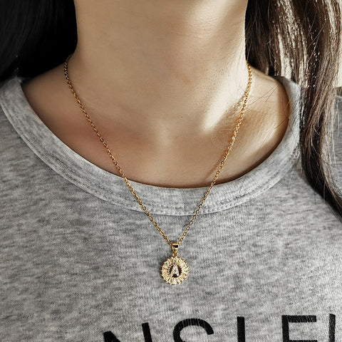 Image of Cute CZ Initial Letter Pendant Necklace For Women Girls Stainless Steel Rolo Chain Rhinestone Gold Name Charms Jewelry GP399C