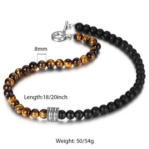 Image of Natural Red Tiger Eyes Map Stone Necklace For Men Unisex Stainless Steel Matte Black Bead Necklace Male Jewelry Gift TNB001A