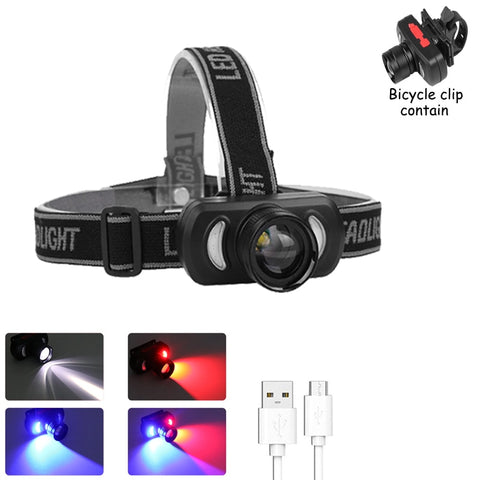 Image of EZK20 LED Headlamp Red and Blue Built-in Battery USB Rechargeable Telescopic Zoom with Bicycle Clip for Biking