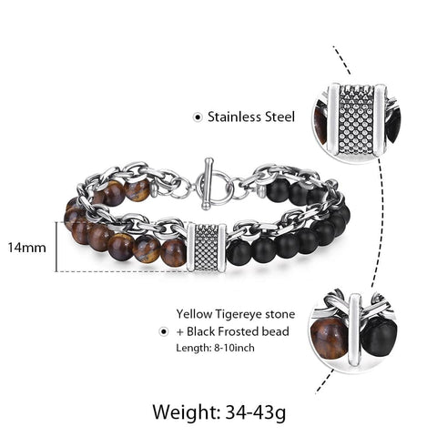 Image of Trendsmax Natural Map Stone Men's Beaded Bracelet for women Stainless Steel Bracelets Male Jewelry Tiger eye 8 9 10 inch DB33