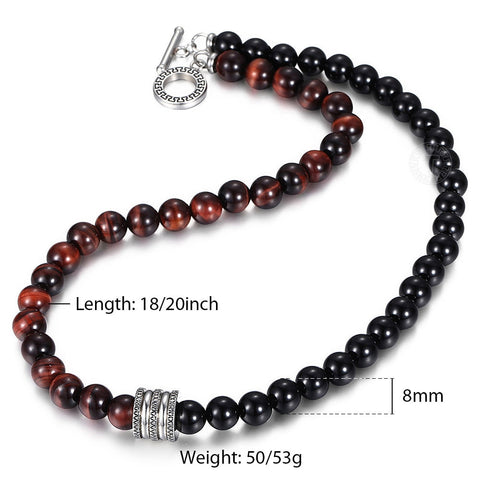 Image of Natural Red Tiger Eyes Map Stone Necklace For Men Unisex Stainless Steel Matte Black Bead Necklace Male Jewelry Gift TNB001A