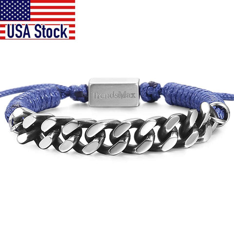 Image of Cuban Link Chain Braided Leather Bracelet For Mens Boys Handmade Stainless Steel Curb Blue Surfer Adjustable TBL00102