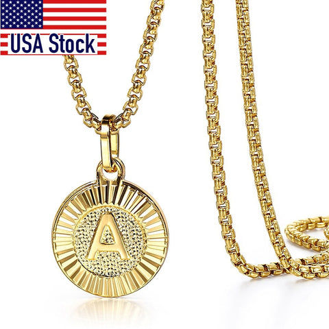 Image of Initial Letter Pendant Necklaces Gold Round Charm Stainless Steel Box Link Chain For Women Men Jewelry Gift Dropshipping GP418A