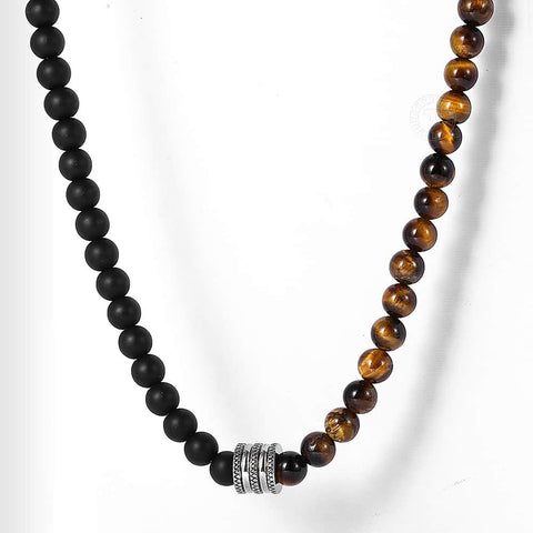 Image of Natural Red Tiger Eyes Map Stone Necklace For Men Unisex Stainless Steel Matte Black Bead Necklace Male Jewelry Gift TNB001A