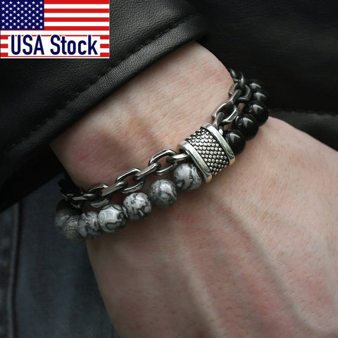 Image of Trendsmax Natural Map Stone Men's Beaded Bracelet for women Stainless Steel Bracelets Male Jewelry Tiger eye 8 9 10 inch DB33