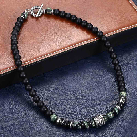 Image of Natural Red Tiger Eyes Map Stone Necklace For Men Unisex Stainless Steel Matte Black Bead Necklace Male Jewelry Gift TNB001A