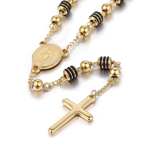 Image of 6mm Rosary Jesus Christ Cross Pendant Necklace Gold Black Tone Stainless Steel Bead Long Chain Women Men Fashion Jewelry KN434