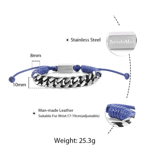 Image of Cuban Link Chain Braided Leather Bracelet For Mens Boys Handmade Stainless Steel Curb Blue Surfer Adjustable TBL00102
