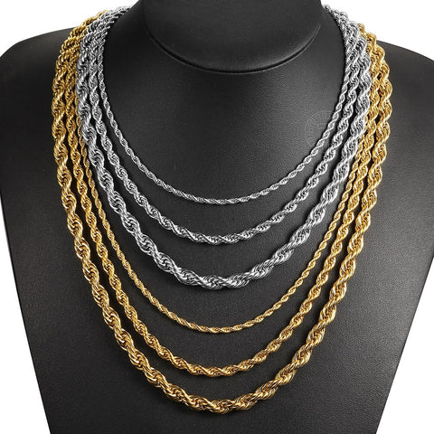 Image of New Fashion Twisted Rope Link Chain Gold Tone Stainless Steel Necklace for Men Unisex Chain Jewelry Gifts 22inch 3-7mm KNM178A