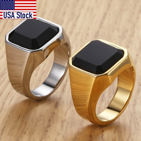Image of Men's Ring Rock Punk Smooth 316L Stainless Steel Black CZ Gold Silver Color Hip Hop Rings For Men Party Jewelry Wholesale KHRM63