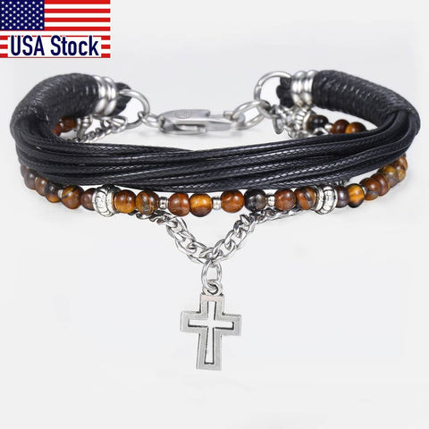 Image of Trendsmax Natural Tiger Eye Stone Beaded Bracelet for men boy women Stainless Steel Cross Charm Leather Bracelet Jewelry KDLB71