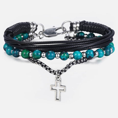 Image of Trendsmax Natural Tiger Eye Stone Beaded Bracelet for men boy women Stainless Steel Cross Charm Leather Bracelet Jewelry KDLB71