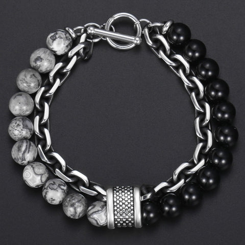 Image of Trendsmax Natural Map Stone Men's Beaded Bracelet for women Stainless Steel Bracelets Male Jewelry Tiger eye 8 9 10 inch DB33