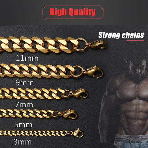 Image of Men's Hiphop Necklace Stainless Steel Curb Cuban Link Chain Gold Black Necklace for Men Jewelry Gift KNM08