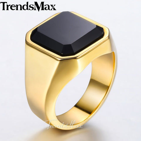 Image of Men's Ring Rock Punk Smooth 316L Stainless Steel Black CZ Gold Silver Color Hip Hop Rings For Men Party Jewelry Wholesale KHRM63