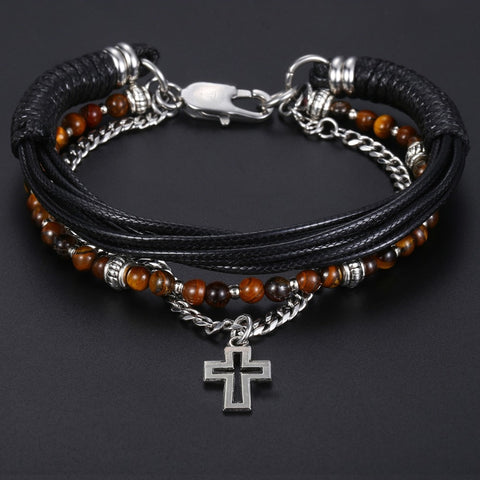 Image of Trendsmax Natural Tiger Eye Stone Beaded Bracelet for men boy women Stainless Steel Cross Charm Leather Bracelet Jewelry KDLB71