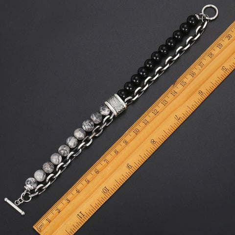 Image of Trendsmax Natural Map Stone Men's Beaded Bracelet for women Stainless Steel Bracelets Male Jewelry Tiger eye 8 9 10 inch DB33