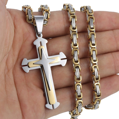 Image of Men's Cross Necklace Gold Black Cross Pendant Stainless Steel Byzantine Chain Necklace 2018 Hip Hop Male Jewelry KP180