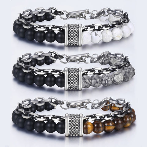 Image of Trendsmax Natural Map Stone Men's Beaded Bracelet for women Stainless Steel Bracelets Male Jewelry Tiger eye 8 9 10 inch DB33