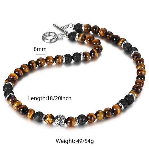 Image of Natural Red Tiger Eyes Map Stone Necklace For Men Unisex Stainless Steel Matte Black Bead Necklace Male Jewelry Gift TNB001A