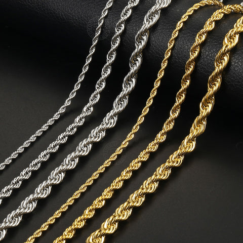 Image of New Fashion Twisted Rope Link Chain Gold Tone Stainless Steel Necklace for Men Unisex Chain Jewelry Gifts 22inch 3-7mm KNM178A