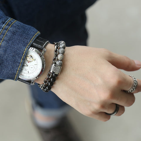 Image of Trendsmax Natural Map Stone Men's Beaded Bracelet for women Stainless Steel Bracelets Male Jewelry Tiger eye 8 9 10 inch DB33