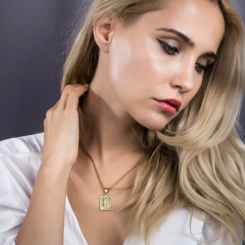 Image of New Square Christian Cross Pendant Necklace Gold Color Jesus Christ Crucifix Charm Stainless Steel Box Chain for Men Women GP422