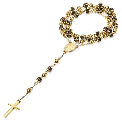 Image of 6mm Rosary Jesus Christ Cross Pendant Necklace Gold Black Tone Stainless Steel Bead Long Chain Women Men Fashion Jewelry KN434