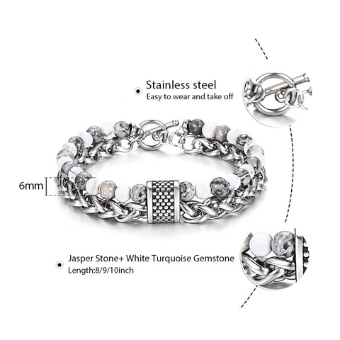 Image of Trendsmax Natural Map Stone Men's Beaded Bracelet for women Stainless Steel Bracelets Male Jewelry Tiger eye 8 9 10 inch DB33