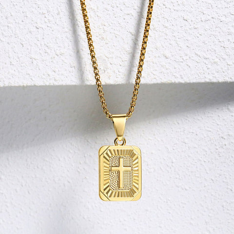 Image of New Square Christian Cross Pendant Necklace Gold Color Jesus Christ Crucifix Charm Stainless Steel Box Chain for Men Women GP422