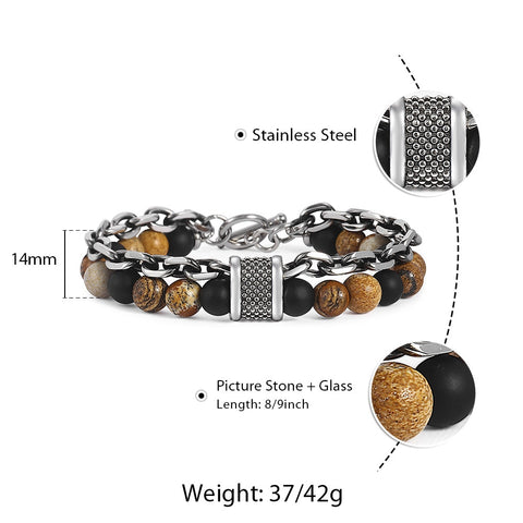 Image of Trendsmax Natural Map Stone Men's Beaded Bracelet for women Stainless Steel Bracelets Male Jewelry Tiger eye 8 9 10 inch DB33