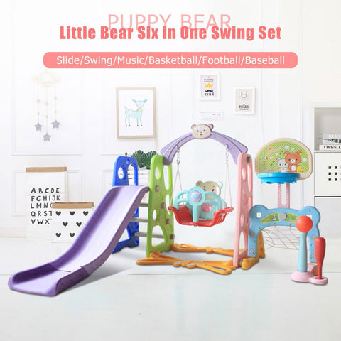 Image of 6 In 1 Kids Indoor And Outdoor Slide Swing And Basketball Football Baseball Set