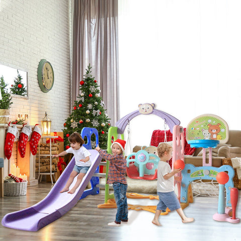 Image of 6 In 1 Kids Indoor And Outdoor Slide Swing And Basketball Football Baseball Set