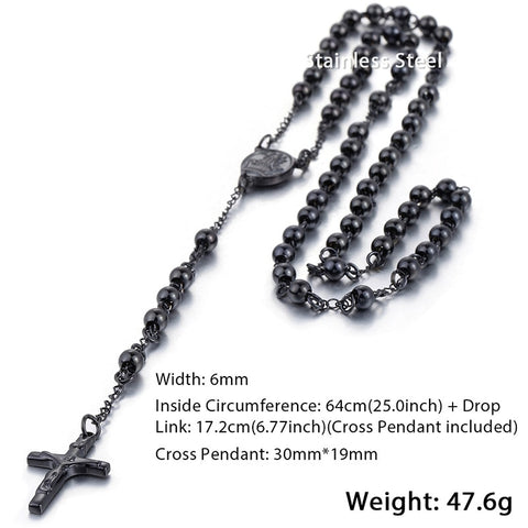 Image of 6mm Rosary Jesus Christ Cross Pendant Necklace Gold Black Tone Stainless Steel Bead Long Chain Women Men Fashion Jewelry KN434