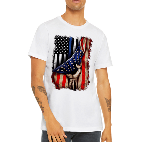 Image of Premium Unisex Crewneck T-shirt Tin Blue line flag in American flag