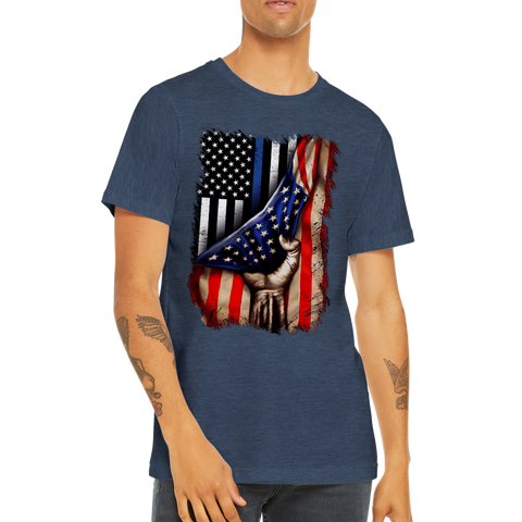 Image of Premium Unisex Crewneck T-shirt Tin Blue line flag in American flag