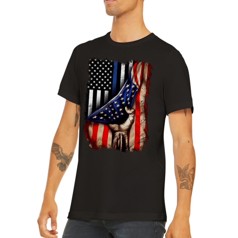 Image of Premium Unisex Crewneck T-shirt Tin Blue line flag in American flag