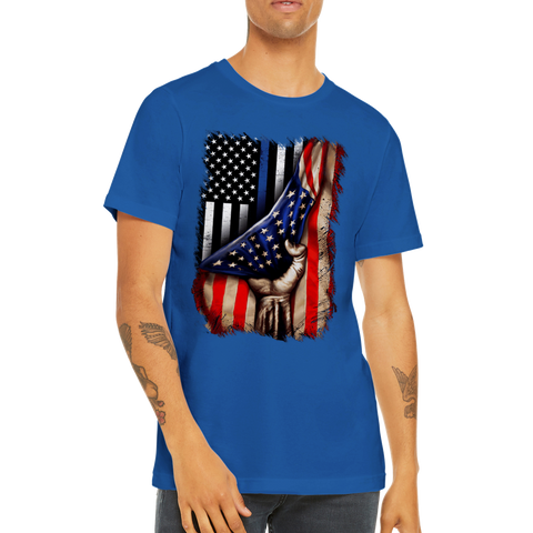 Image of Premium Unisex Crewneck T-shirt Tin Blue line flag in American flag