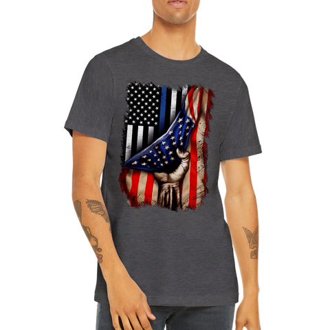 Image of Premium Unisex Crewneck T-shirt Tin Blue line flag in American flag