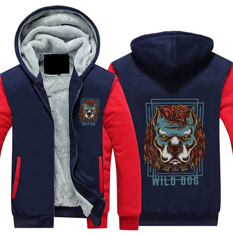 Image of Wild dog Design Hoodie Full Zip Warm and Thick Plush Sweater for Men Front and Back Print - Alexecom.com