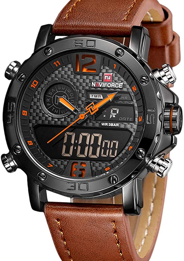 Men's Waterproof Sport Watches Leather Digital Analog  