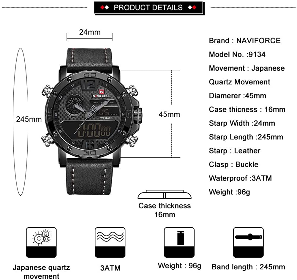 Men's Waterproof Sport Watches Leather Digital Analog  