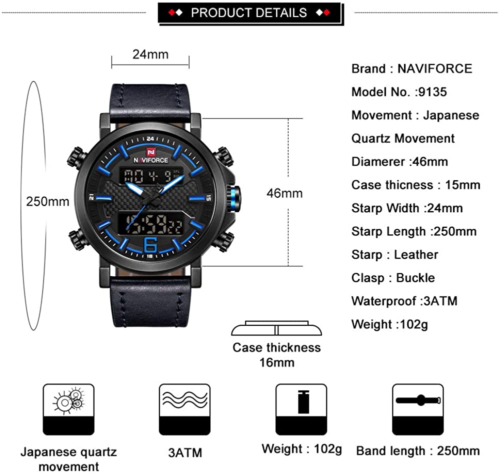 Mens Digital Analog Watches Waterproof Sport Leather Band  
